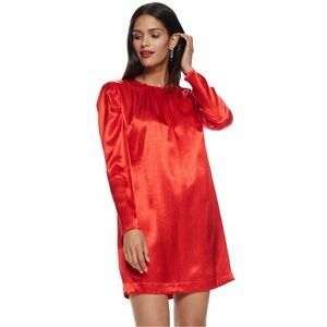 Nine West Red Satin Long-Sleeve Shift Dress